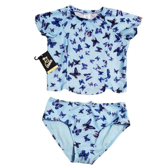 NWT Art Class Girl's Flutter Away Butterfly Print 2 PC Rashguard Swimsuit XL 14 - Picture 2 of 6